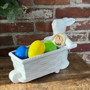White Ceramic Bunny with Wheelbarrow Easter Decor - Farmhouse Accent